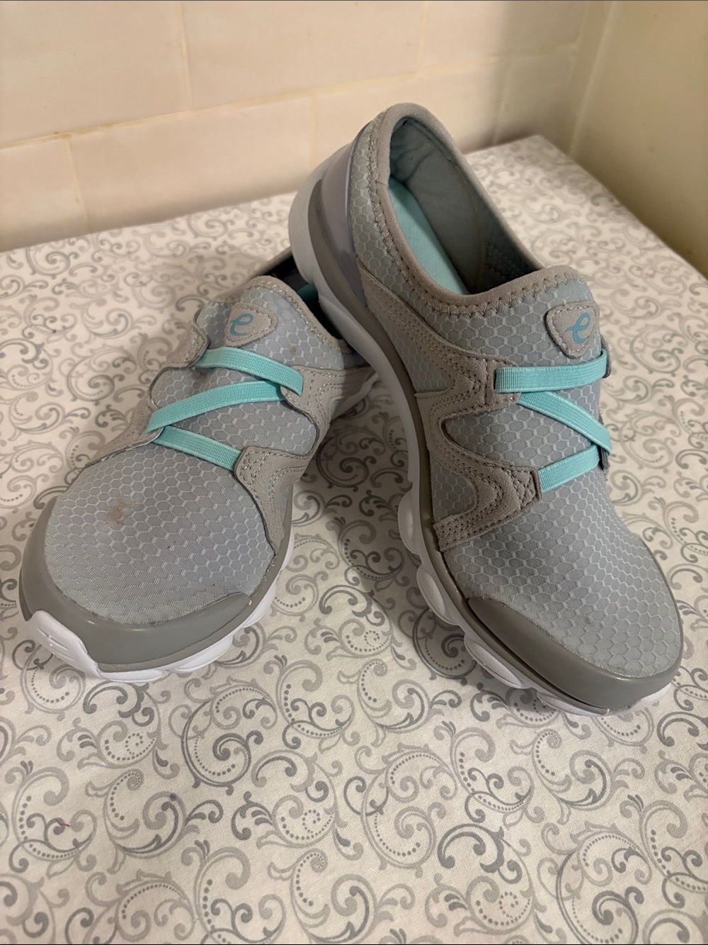 Easy Spirit Women's Gray Slip-On (Mule) Sneakers with Aqua Straps